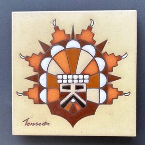 Cleo‎ Teissedre Hand Painted Ceramic Tile Kachina Mask Southwestern Trivet USA
